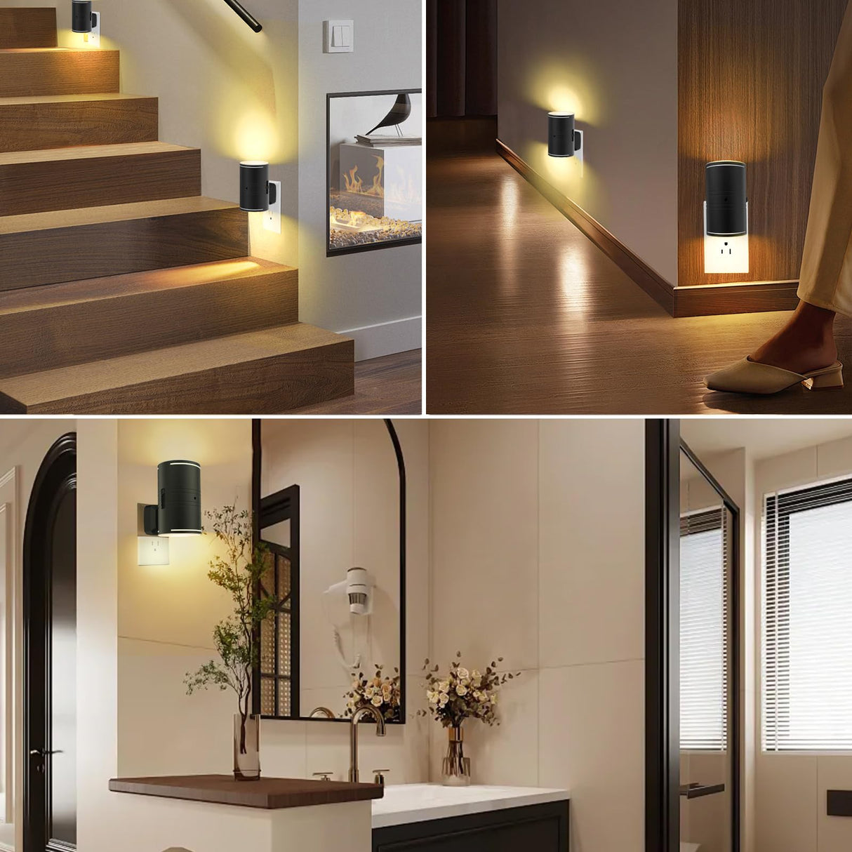 AURSTE LED Night Light Plug in, Modern Night Lights Plug into Wall, Dusk to Dawn Sensor, Soft White 3000K, 0-140LM Adjustable Brightness, Dimmable Night Lights for Hallway Bedroom Stairway, 2 Pack