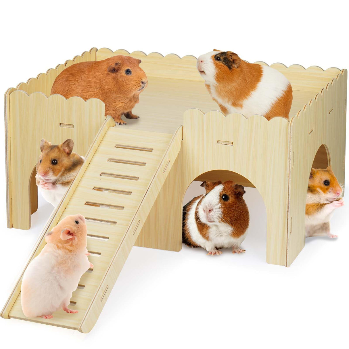 Large Guinea Pig Hideout, Upgraded Wooden Guinea Pig Castle with Guinea Pig ramp, Easy to Assemble Guinea Pig House for Small Animal House Habitat or Hamster Hideout/Rabbit Hideout