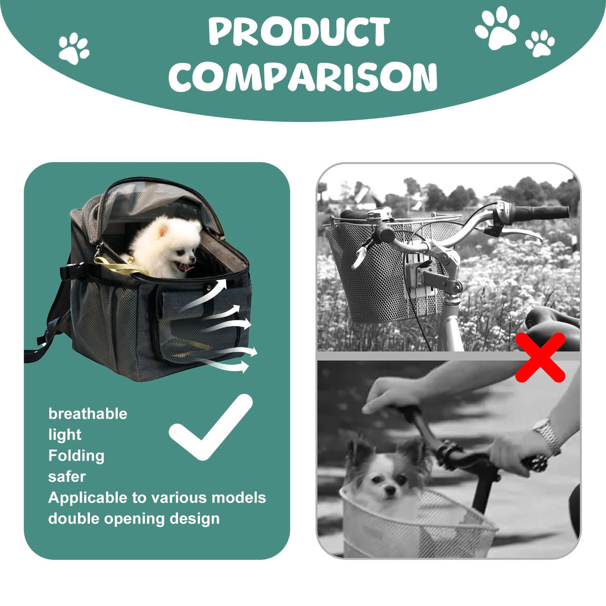 Dog Bike Basket, Soft-Sided Dog Bike Carrier Backpack, Cat Bicycle Basket, Multifunctional Pet Bike Basket Detachable Adjustable Single Shoulder Strap, Foldable Pet Travel Bag for Small Cats and Dogs