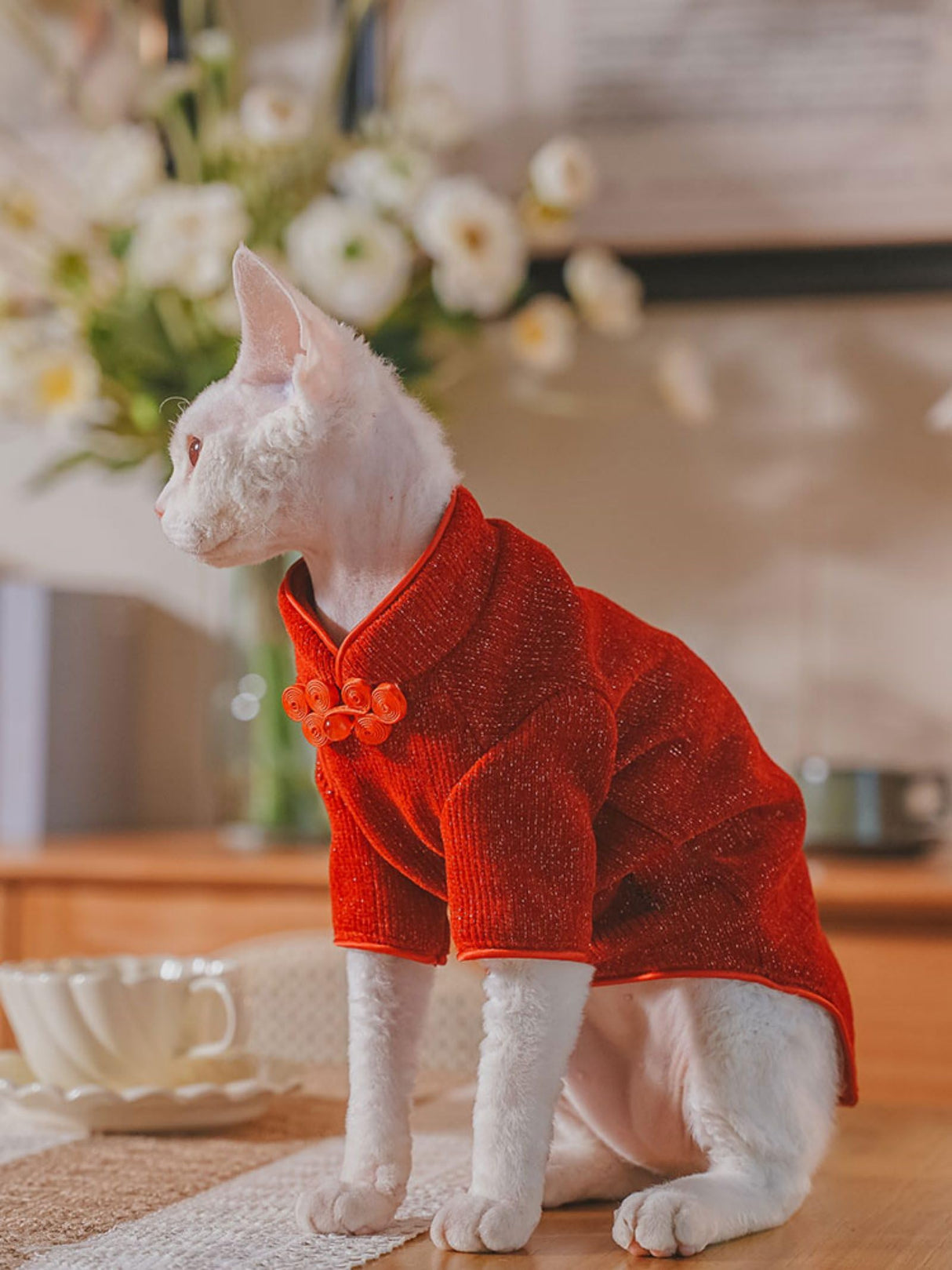 Traditional Culture Sphynx Hairless Cat Cotton T-Shirts Cat Clothes Pet Sweater Cat Vest Pet Clothes Kitten Shirts Cats & Small Dogs Apparel (Red Chi-Pao, XL (9-13 lbs))