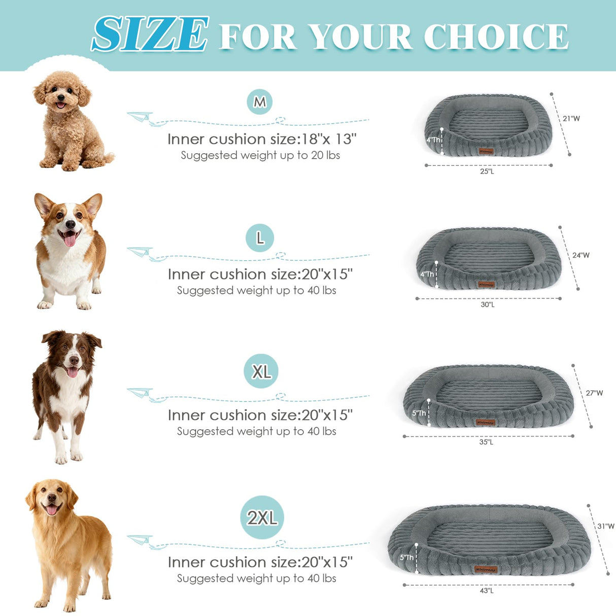 KISIMUY Cute Dog Bed for Small & Medium Dogs - Calming Orthopedic Rectangle Dog Bed with Reversible Cushion and Removable Cover, Washable Soft Pet Kennel Bed with Handle, 30x24x4Inches, Warm Grey