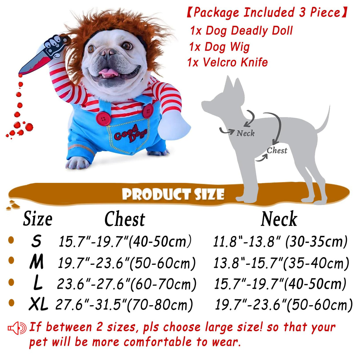 Pet Deadly Doll Dog Costume - Funny Halloween Chucky Outfit for Small, Medium, Large Dogs, Cats, Puppies - Cute Party Cosplay Dress Up - Scary Spooky Kitty Apparel