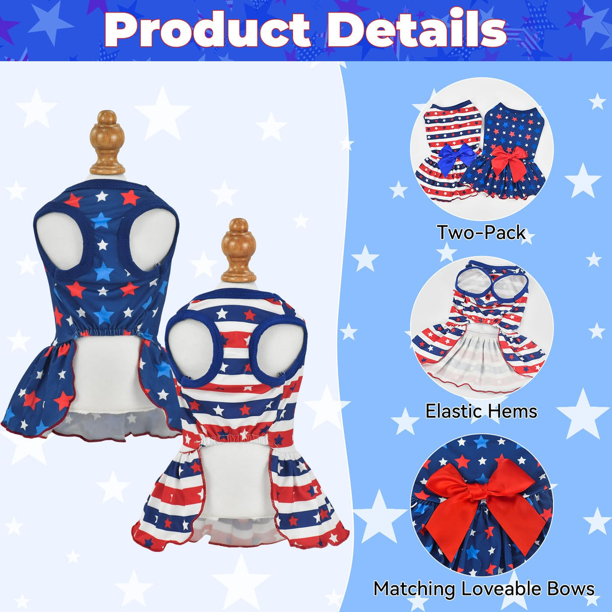 Vehomy 2-Pack 4th of July Dog Dress Independence Day Puppy Cat Dresses USA Flag Pet Clothes Costume Dog Stripes Stars Outfits Skirts for Small Medium Dogs L