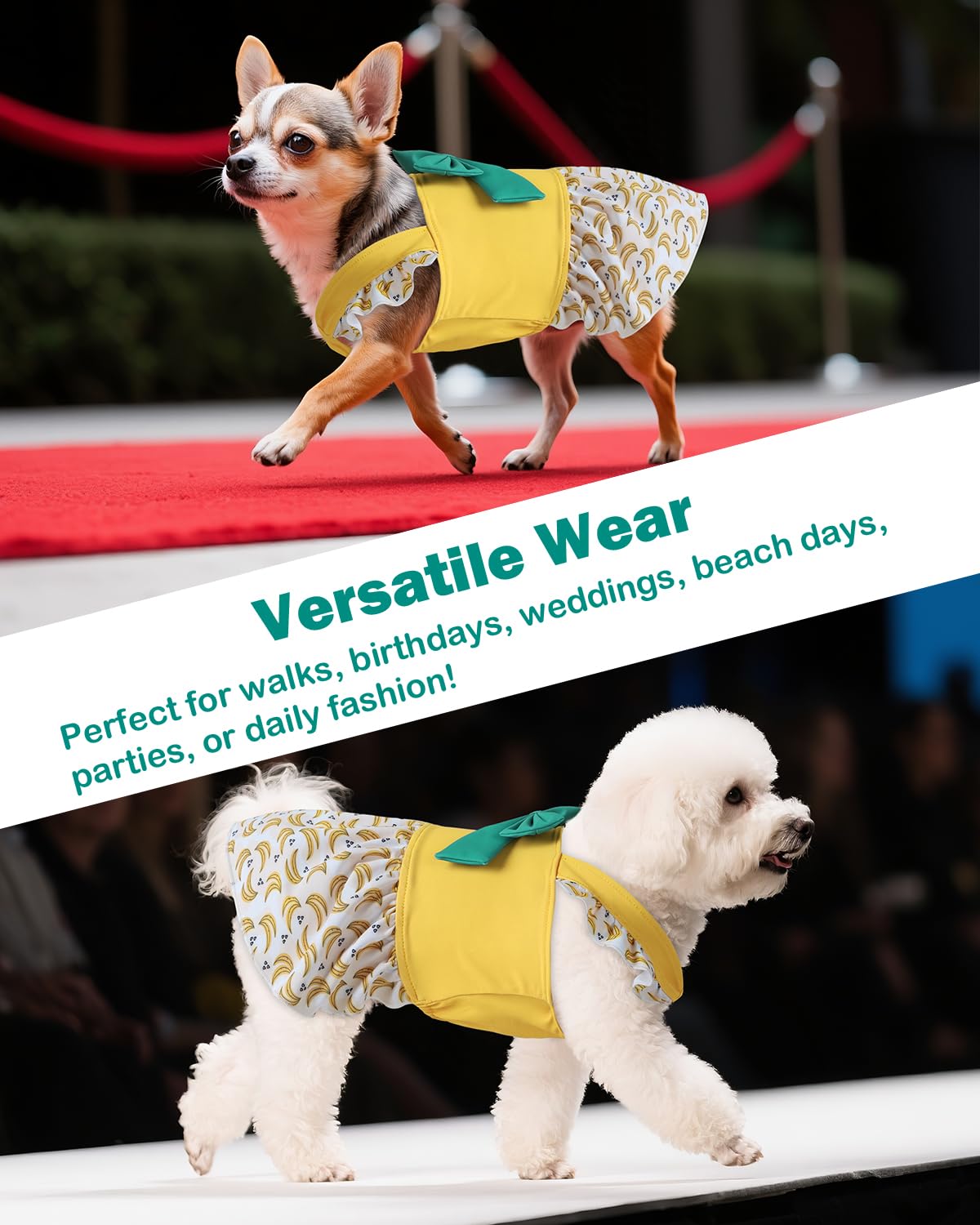 CuteBone Dog Dress for Small Dogs Girl, Banana Summer Dresses with Bow & Ruffle Sleeve, UPF50+ Sun Protection, Cute Pet Clothes for Puppy for Birthday Wedding Party Beach ZSFX03L