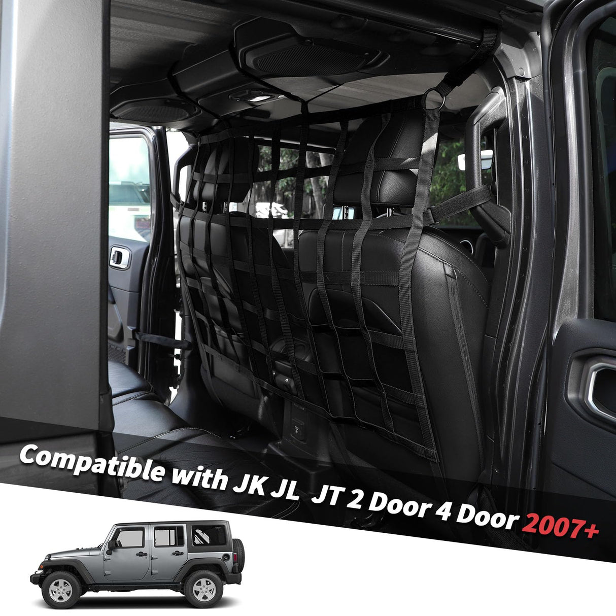 Rear Seat Cargo Net Pet Barrier Compatible with Jeep Wrangler JK JL Gladiator JT 2 Door 4 Door 2007-2023 (Black)
