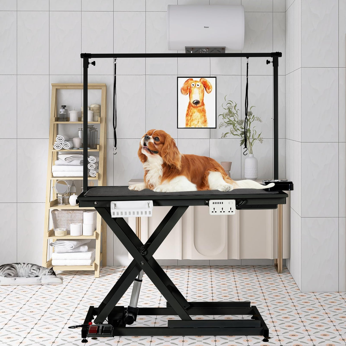 Electric Dog Grooming Table, 50 Inch Hydraulic Pet Grooming Table, Dog Grooming Station with Aluminium Overhead Arm, Anti Slip Tabletop, 6 USB Ports, 300 LBS Capacity