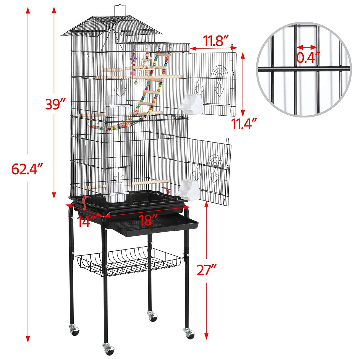 Yaheetech Bird Cage 64'' Medium Small Parrot Parakeet Bird Cages with Detachable Rolling Stand for Parrot Lovebirds Finches Parakeets Budgie Parrotlet Conures, Pet Flight Birdcage
