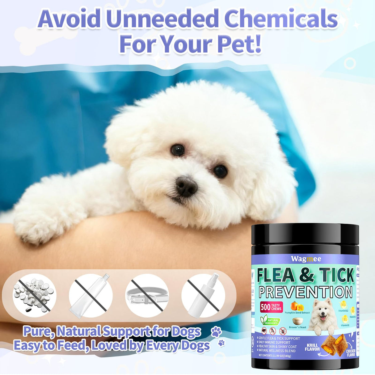 Flea and Tick Prevention for Dogs Chewables – 500 Crunchy & Creamy Tasty Chews, Natural Dog Flea and Tick Treatment Chewable, Oral Flea Chews Supplement for Dogs Puppies, All Breeds & Ages, Chicken