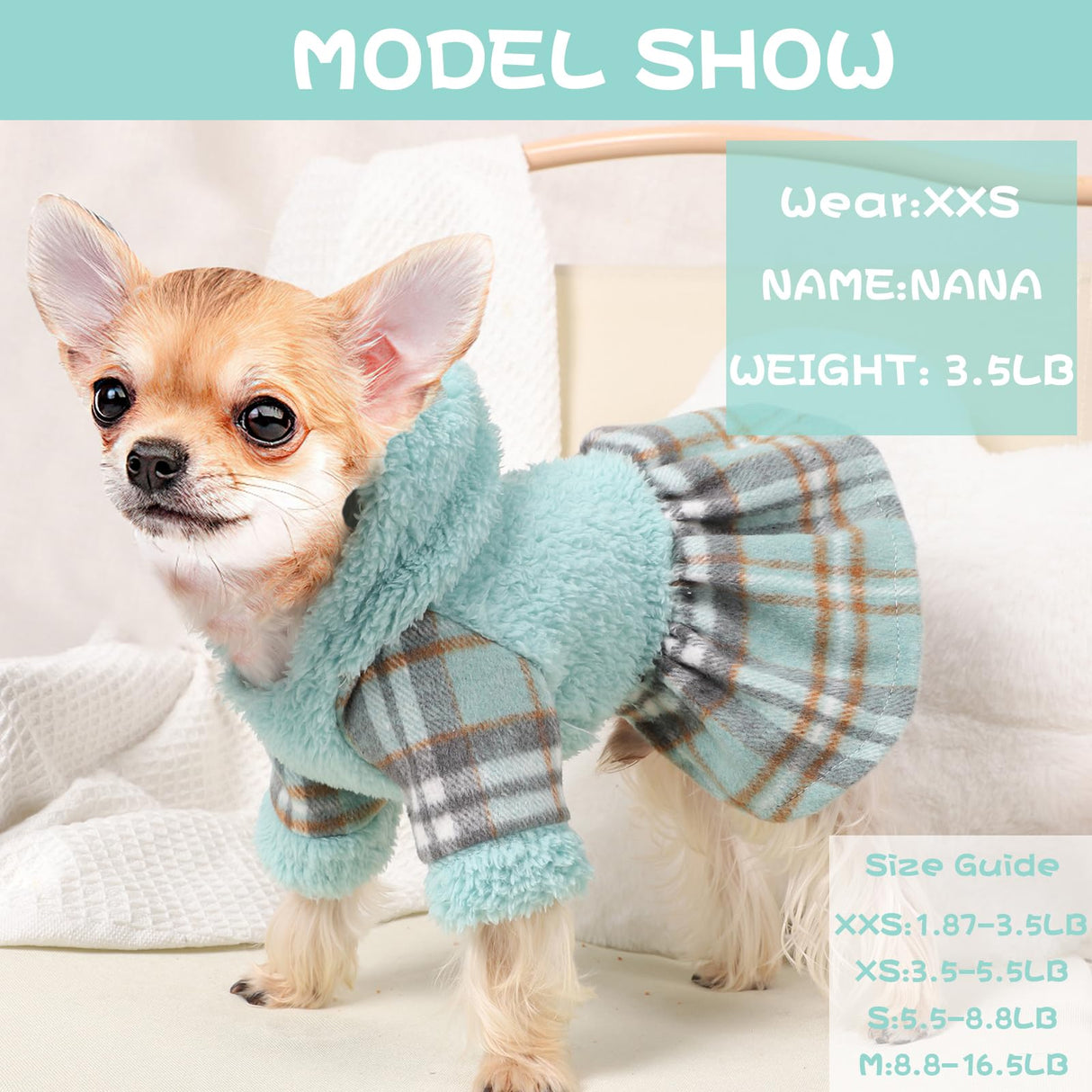 Winter Dog Dress, Cute Warm Fleece Dog Hooded Sweater, for Small Dogs Girl, Pink Plaid Puppy Dresses Clothes for Chihuahua Yorkie,Cat Apparel (Small, Blue)