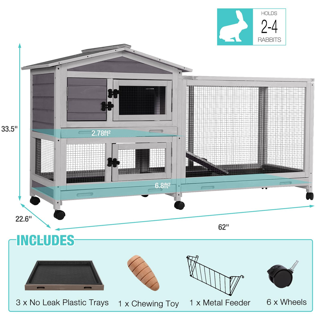 Suumerpety 62" Rabbit Hutch with Chew-Proof Ramp & Waterproof Roof - Indoor/Outdoor Bunny Cage, 2-Story Design, 6 Lockable Caster Wheels & Dual Pull-Out Trays (Grey)