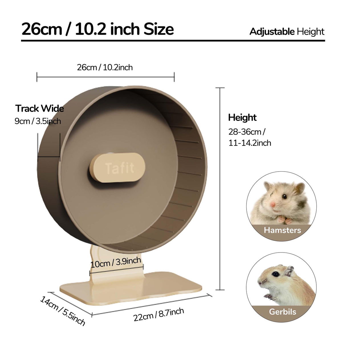 Tafit Quiet Hamster Wheel 10.2 Inch Dual-Bearings Silent Small Animals Running Exercise Wheel Height Adjustable for Syrian Hamsters, Gerbils, Rats, or Other Small Pets, Nut Brown