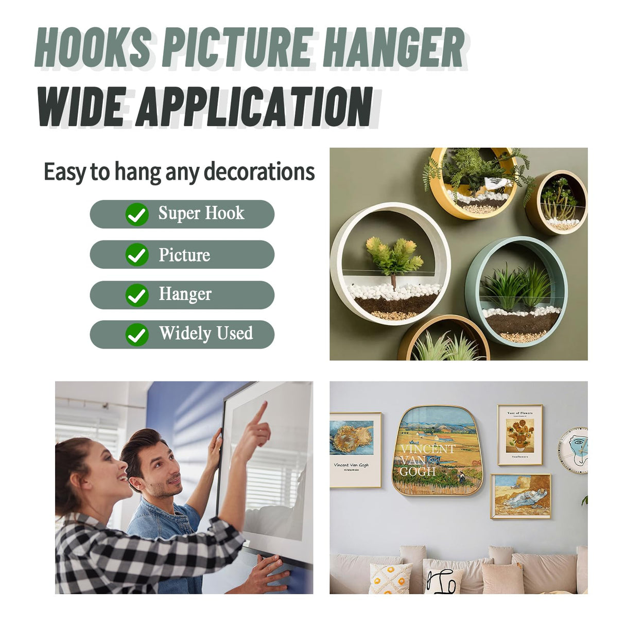 FURHUA 20pcs Super Hook Picture Hangers and Office Pack, Drywall Hooks for Hanging Pictures, Wall Hooks, Picture Hangers, Picture Hanging Kit,Hang Art, Clock, Shelves, Mirrors