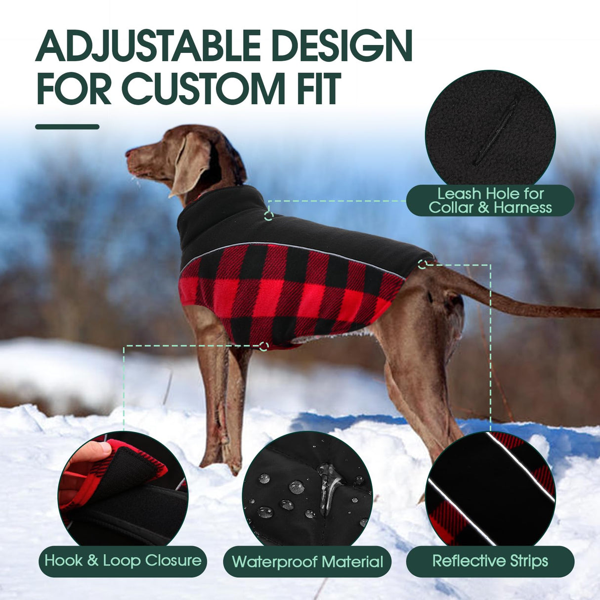 Kuoser Dog Winter Coat, Reversible Waterproof Dog Jacket with Reflective Strip, Warm Dogs Fleece Vest Adjustable Doggy Cold Weather Clothes Plaid Christmas Outfit Pet Apparel for Large Dogs, Red L