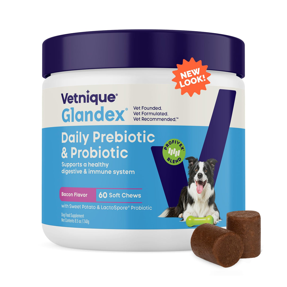 Vetnique Glandex Daily Probiotics for Dogs with Prebiotics to Support Gut Health with Fiber and Digestive Enzymes, Probiotic Chews or Powders (60ct Chews, Bacon Chews)