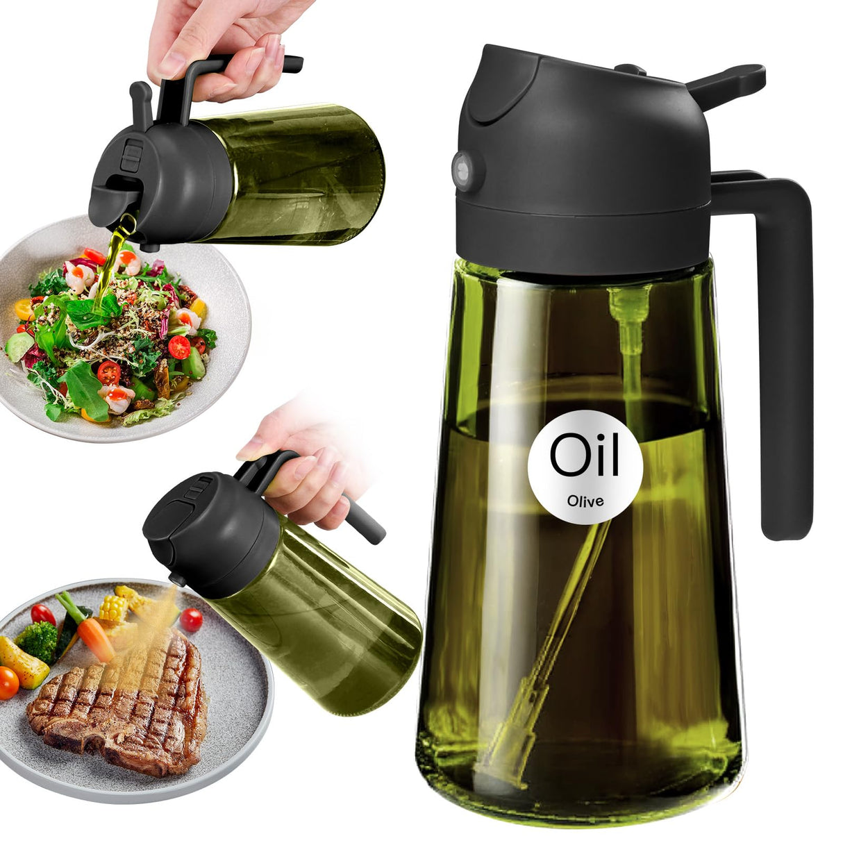 16oz/470ml Light-Blocking Dark Oil Sprayer for Cooking, 2 in 1 Olive Oil Dispenser Bottle for Kitchen, Premium Dark Green Glass Oil Bottle, Food-Grade Oil Mister for Air Fryer, BBQ (Black)