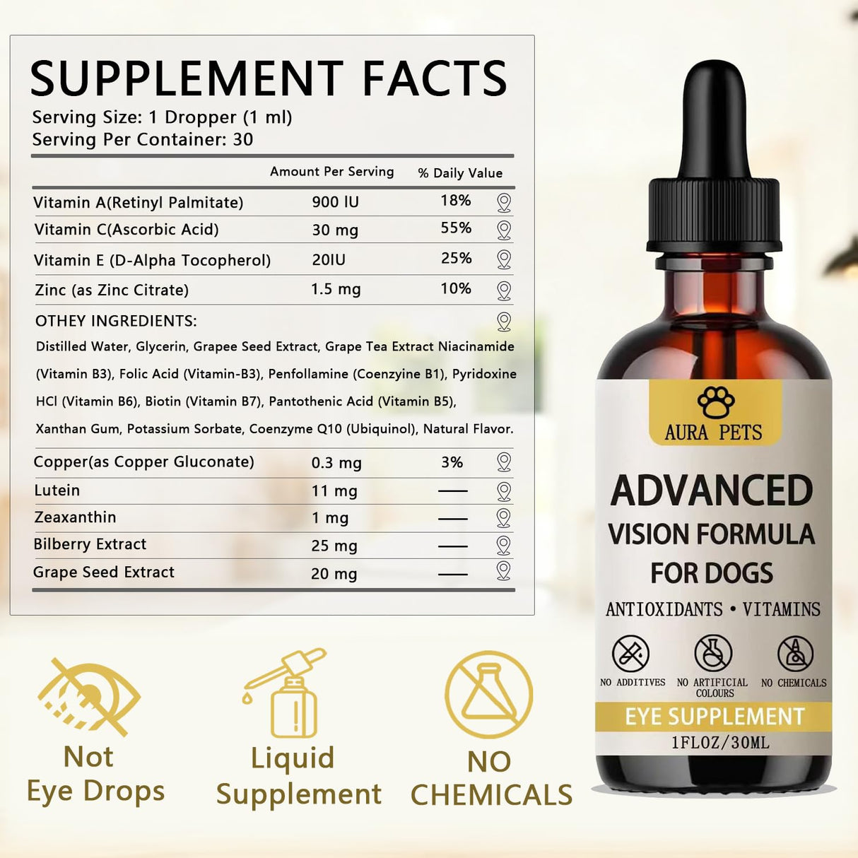 Aura Pets Advanced Vision Formula for Dogs - Eye Health Support with Lutein, Zeaxanthin & Astaxanthin - Helps Maintain Clear Vision & Comfort - 30ml Liquid Supplement