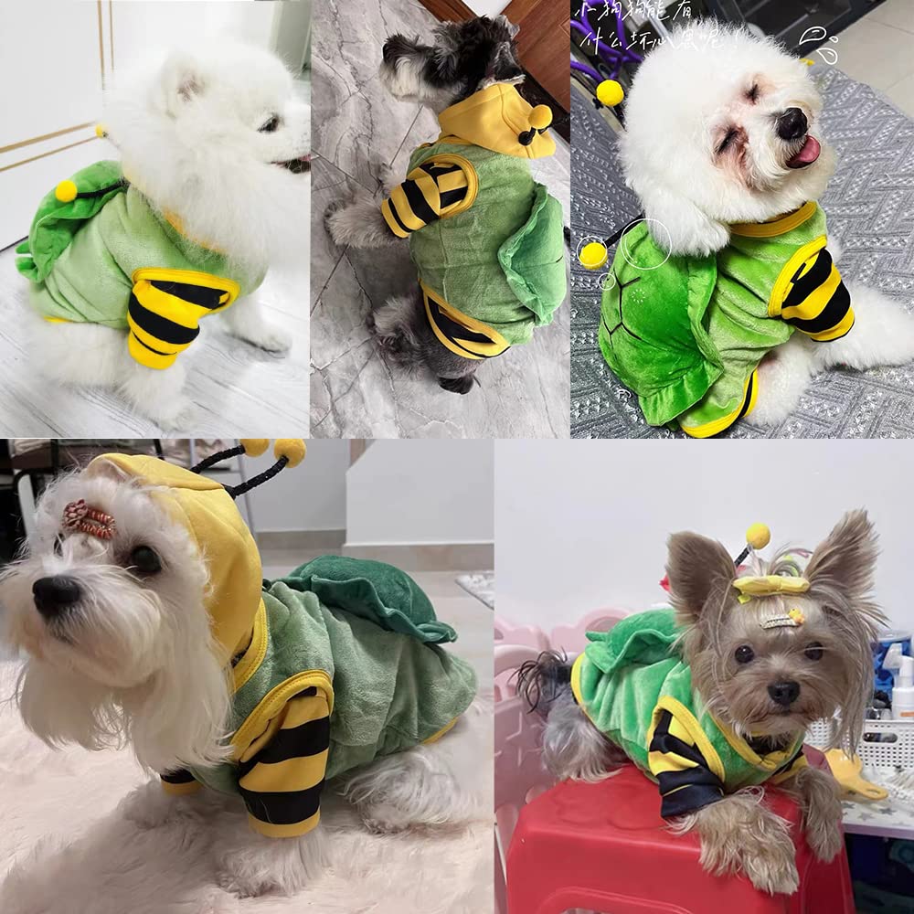 Anelekor 2 PCS Funny Warm Small Dog Clothes Halloween Pet Bee Costume Winter Puppy Hoodies and Vest Sets Flannel Jacket with D-Ring for Cats Dogs (Green, Large)
