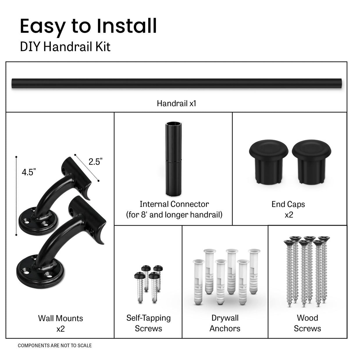 Meranti Aluminum Handrail for Indoor or Outdoor Steps and Stairs – Hand Rails for Elderly – DIY Complete Stair Railing Kit (4' Length, Black)