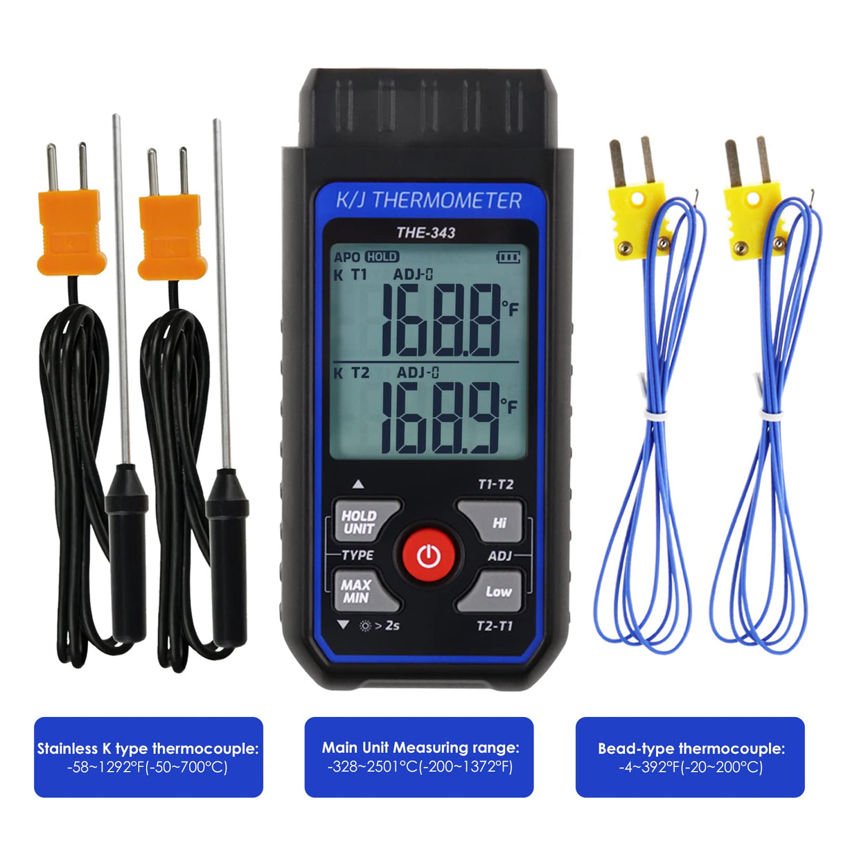 Thermocouple Thermometer Digital K Type Thermometer with 4 Thermocouples, -328~2500℉ Measuring Range HVAC Thermometer Dual Channels Temperature Meter Gauge with LED Backlight & ADJ Compensation