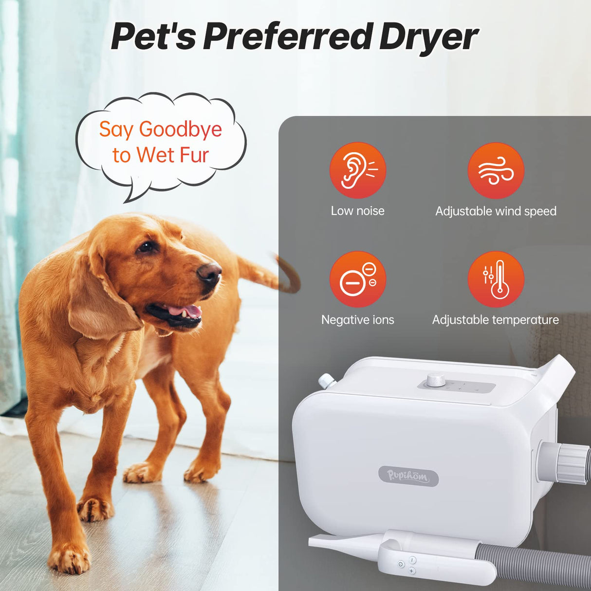 PUPIHOM Pet Hair Dryer, Dog Hair Blower for Grooming with Adjustable Airflow & Temperature Control, Smart Pet Dryer with LED Screen, 3 Nozzles, Dog Blow Dryer with High Velocity Negative Ion Motor