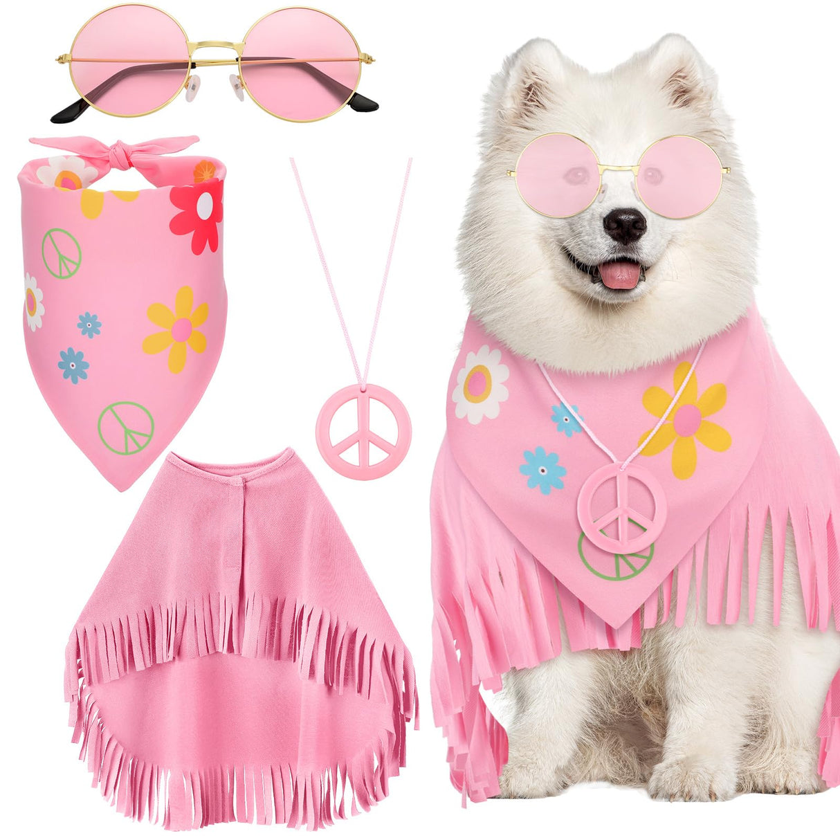 Huhumy 4 Pcs Hippie Dog Costume Pet Dog Hippie Costume Set Includes Sunglasses Scarf Cloak Necklace(Pink Style,Large)