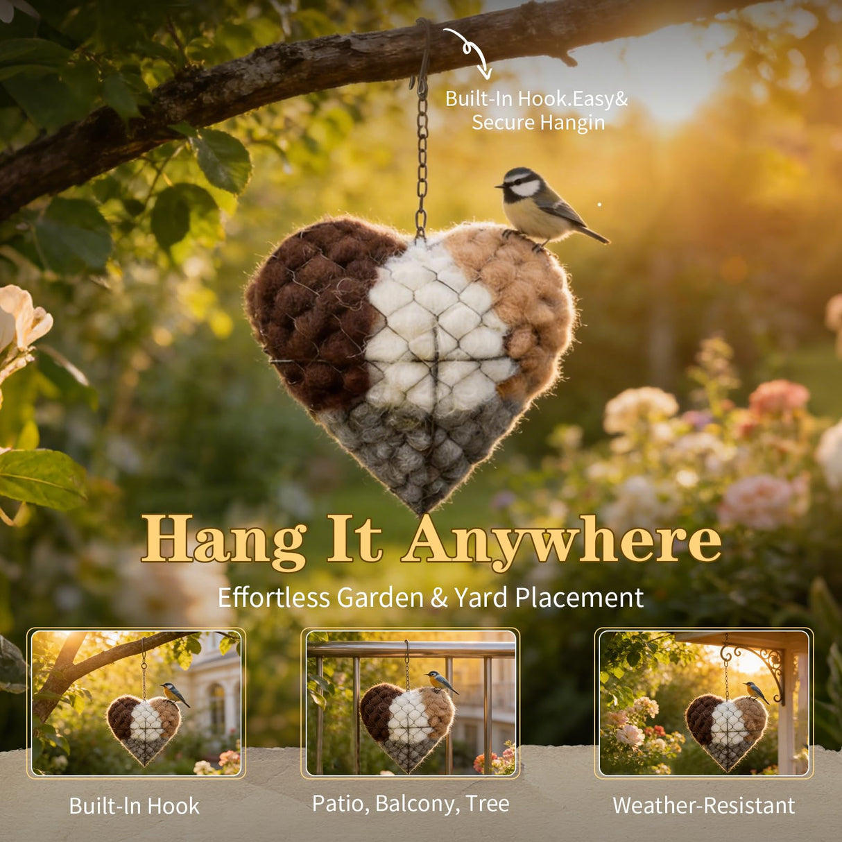 IENG Alpaca Fiber Bird Nesting Heart House Handmade Material Wild Birds Fur for Balls Wool Natural Box Nest Lovers Gift Holder Birdhouse Nido De Pajaros Cage Outdoor Yard Art Winter Shelter