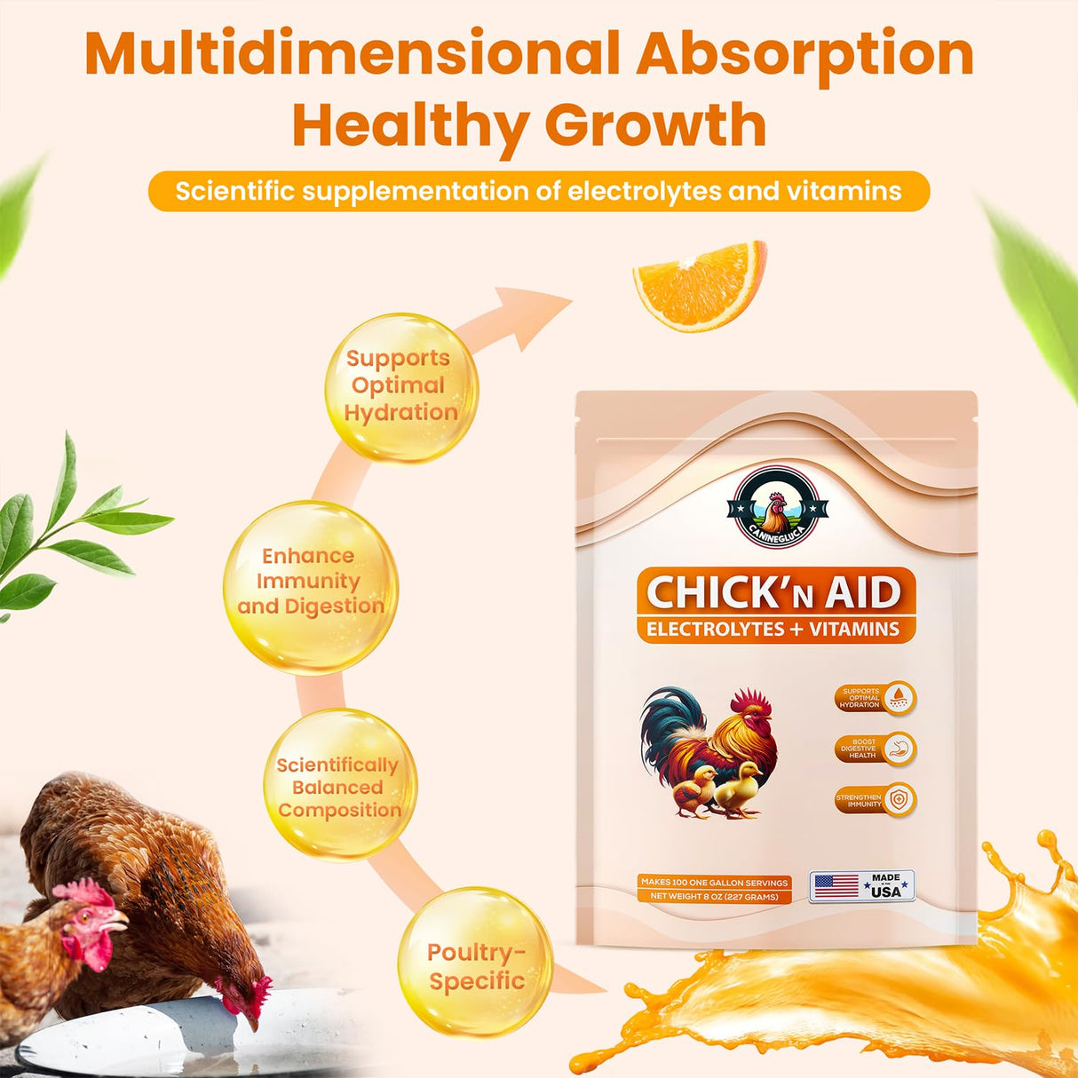 CanineGluca Chick’n Aid, 8 oz Essential Chicken Supplement, Ideal for Hydration, Immunity, Digestive Health. Enhanced with Poultry Vitamins, Electrolytes, and Probiotics, for Chickens, Ducks, Turkeys
