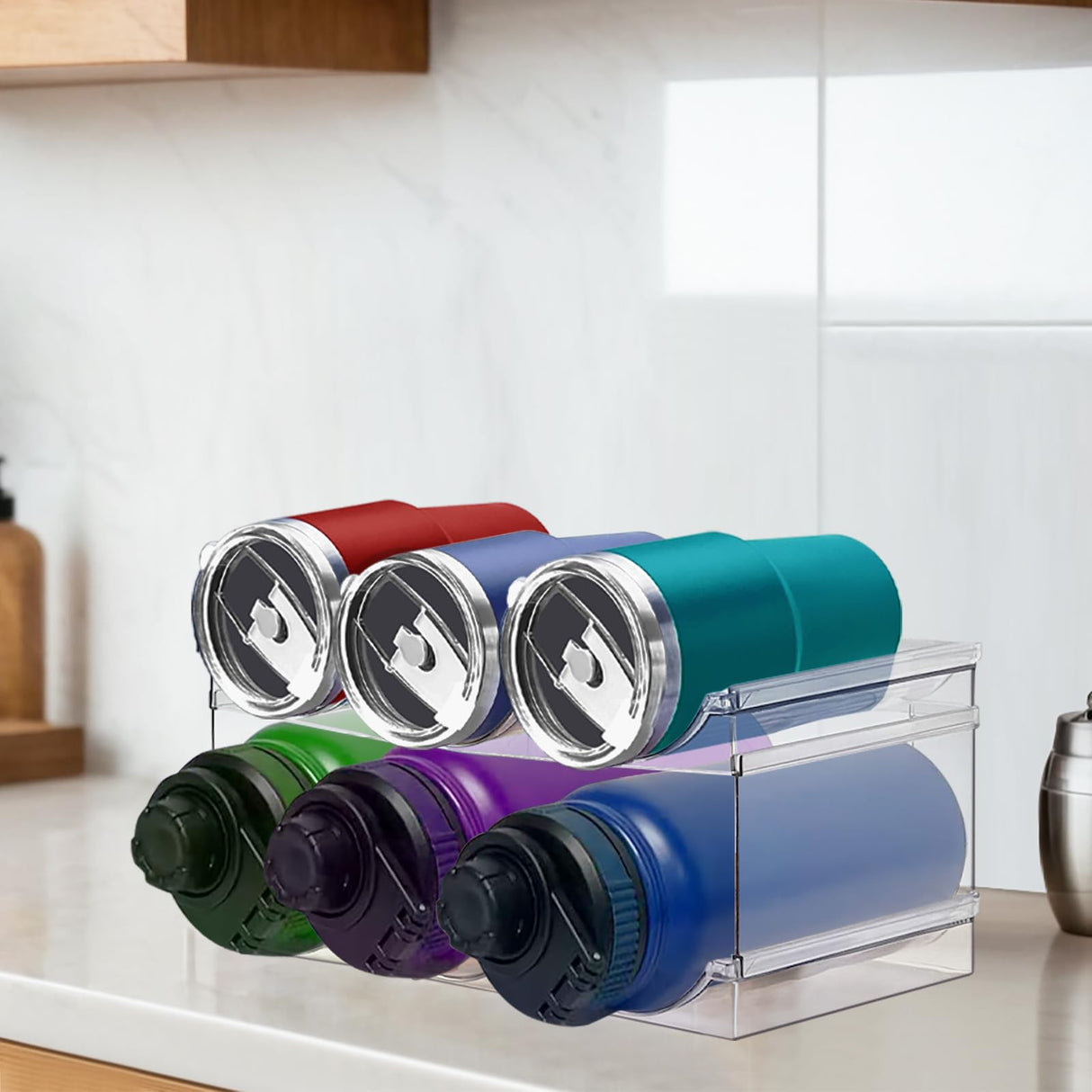 2 Pack Water Bottle Organizer, Stackable Kitchen Pantry Storage Shelf, Plastic Water Bottle Holder for Cabinet and Fridge Organization