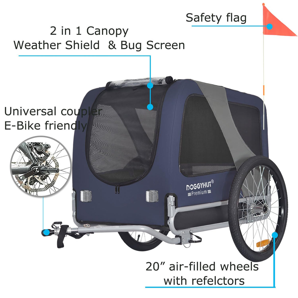 DOGGYHUT® Premium Large Pet Bike Trailer for Medium or Large Dog, Up to 78 lbs,Dog Bicycle Carrier,Low Center of Gravity,Easy Folding Frame (Blue)