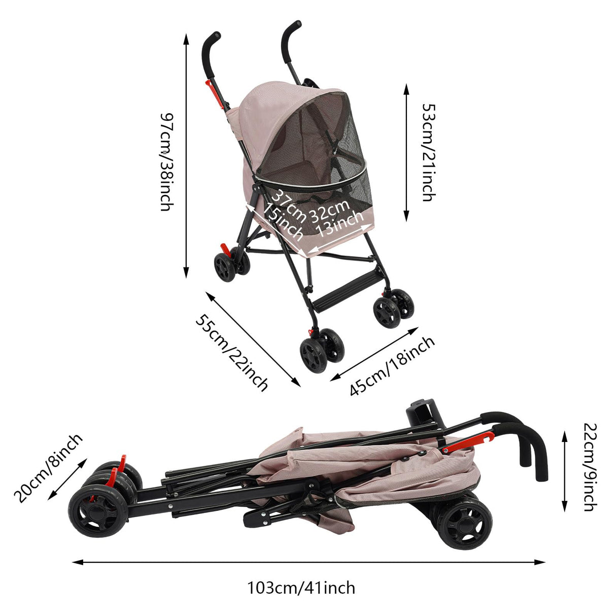 Foldable Pet Stroller for Small Medium Dogs & Cats up to 22 lbs, Lightweight Travel Buggy with Safety Leash, Cup Holder, Breathable Mesh & Quick Fold Wheels