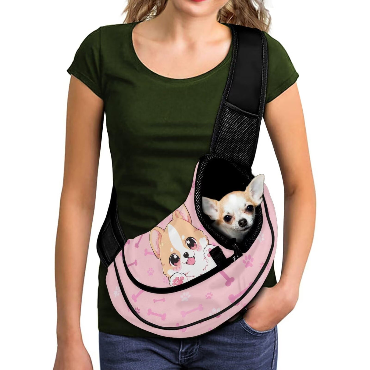 COEQINE Dog Sling for Medium Dogs Puppy Carrier Sling Corgi Paw Print Pet Crossbody Purse Zipper Front Facing Dog Pouch Soft for Small Breeds Cats Dogs Walking Breathable Mesh Satchel
