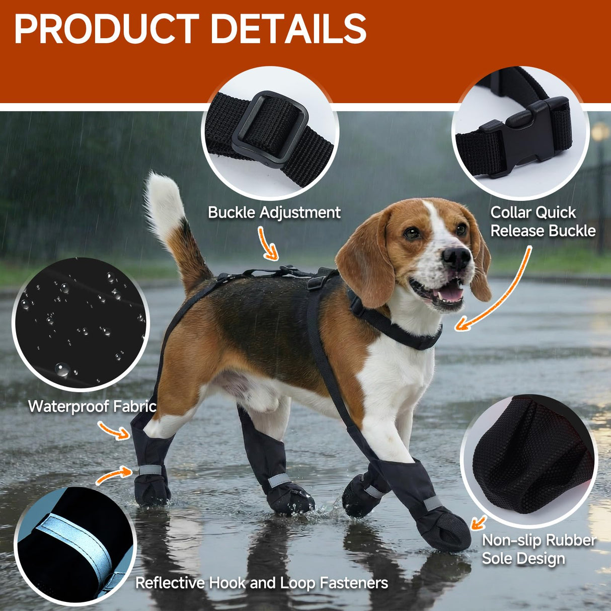 AuraPaw Dog Booties with Adjustable Suspenders for Outdoor Adventures – Reflective Paw Protectors for Rain, Snow & Mud, Anti-Slip & Dirt-Proof Boots Leggings, Waterproof Dogs Shoes, Black, Size L