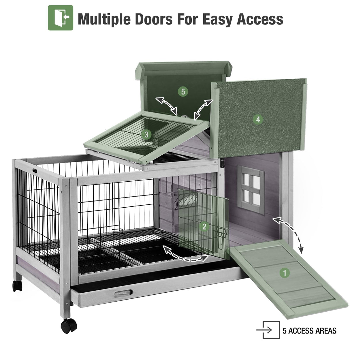 Wooden Rabbit Hutch Indoor and Outdoor, Rabbit Cage with Removable Wire Netting and Leak Proof Tray, Mobile Bunny Cage with Wheels