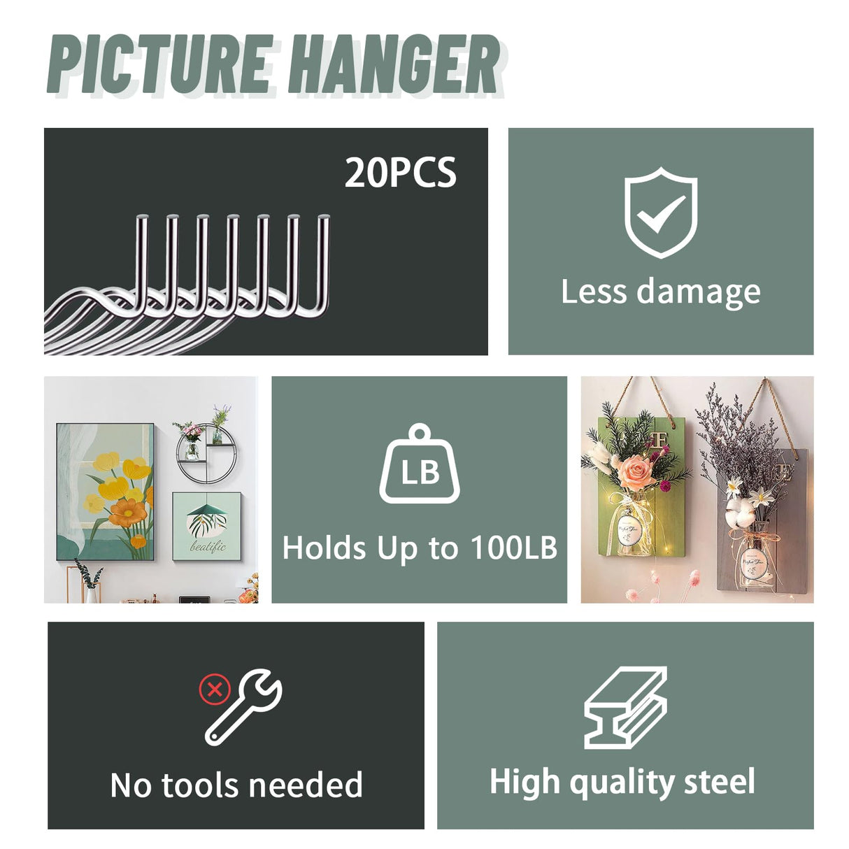 FURHUA 20pcs Super Hook Picture Hangers and Office Pack, Drywall Hooks for Hanging Pictures, Wall Hooks, Picture Hangers, Picture Hanging Kit,Hang Art, Clock, Shelves, Mirrors