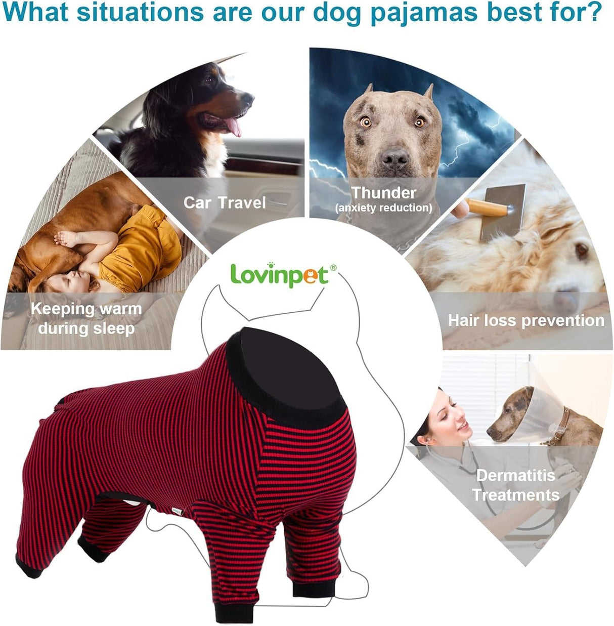 LovinPet Large Dogs PJS Clothes, Pure Cotton Red and Black Stripe Dog Shirt, 4-Legged Design, Full Body Coverage, Pajamas for Pitbulls, Large Breed Dog PJS, Onesies for Dogs,L