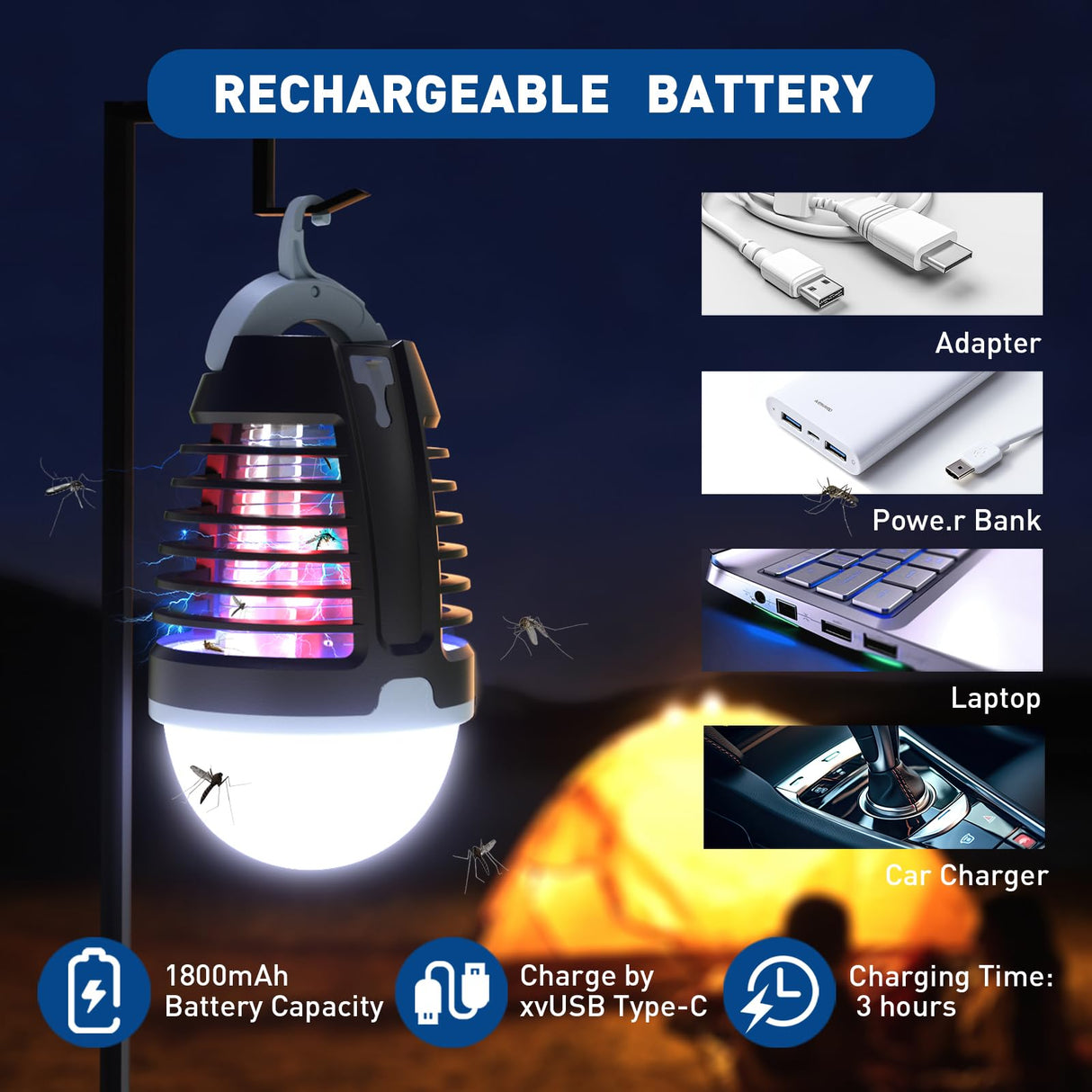 vertmuro Portable Bug Zapper Outdoor Indoor, Electric Mosquito Fly Killer Lamp with Three Lighting Mode, USB Rechargeable Light Bulb Zapper for Camping, Home, Patio (3 Pack)