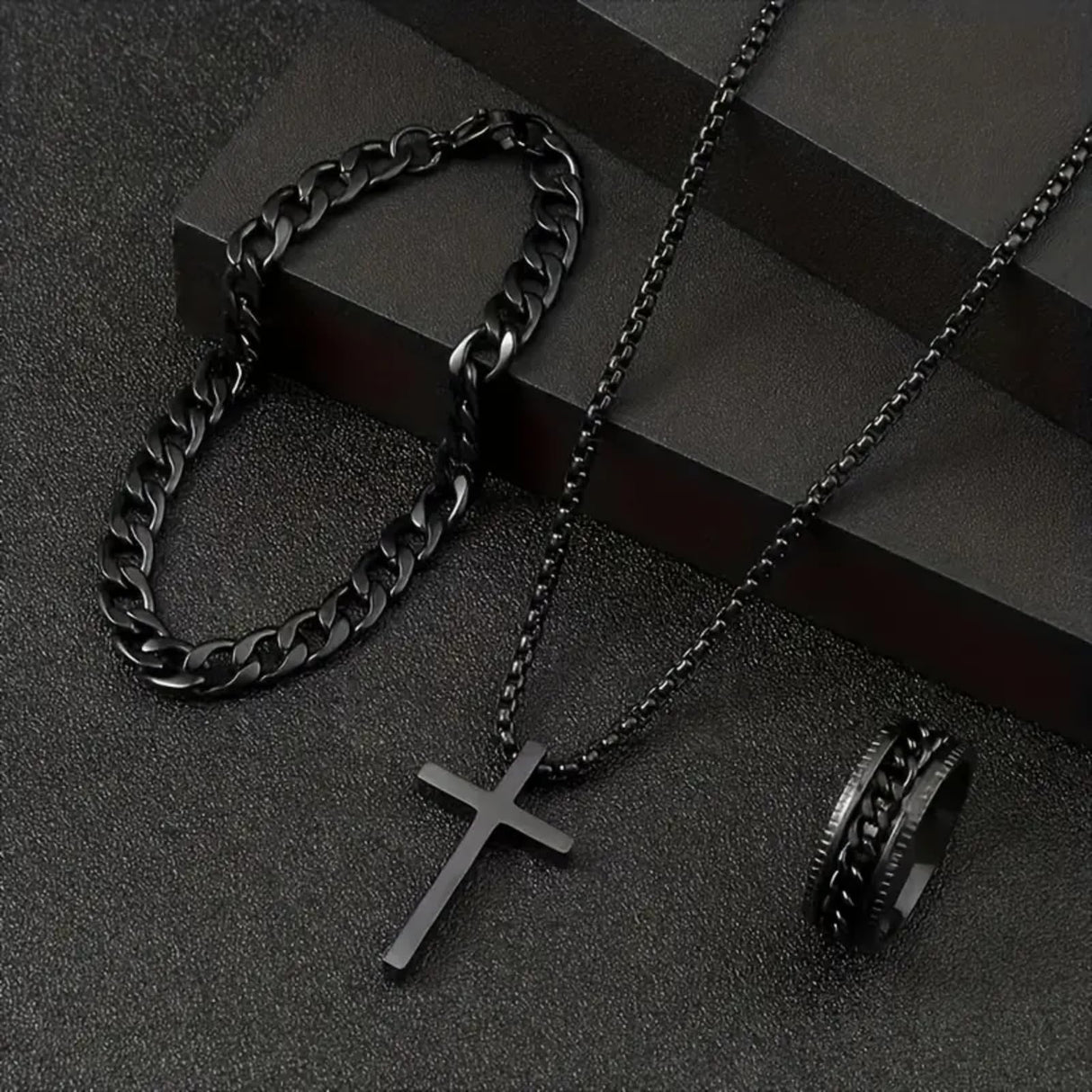 Alloy Cross Necklace Bracelet Ring Set of Three, Cross Pendant, Fashion Accessories, Suitable for Everyday Wear and Match