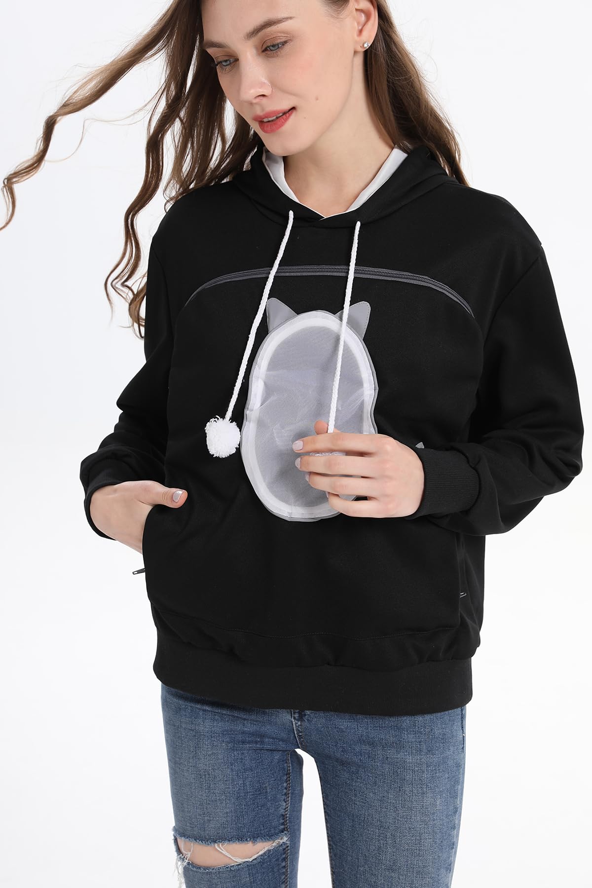 LINYUCHEN Cat Pouch Hoodie Pet Carrier Sweatshirt Large Pocket Pullover Shirt Wearable Cat Dog Carrier Hoodie Black