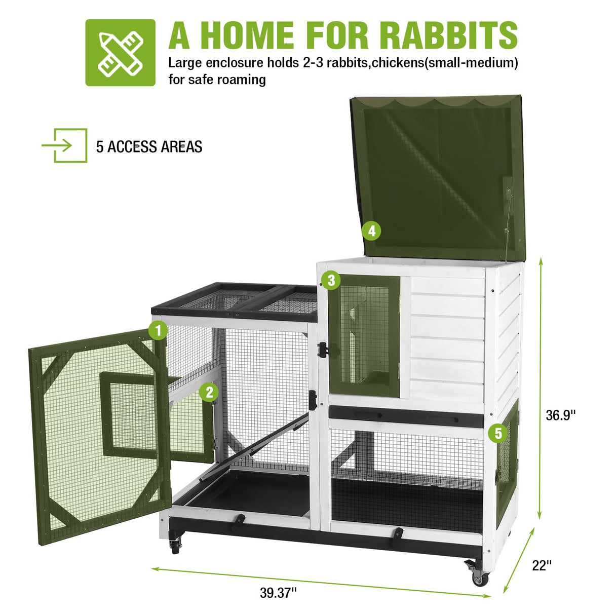 GUTINNEEN Rabbit Hutch Indoor Rabbit Cage with Wheels Outdoor Bunny House 2 Story Guinea Pig Cage with Leakproof Tarp Roof (White)
