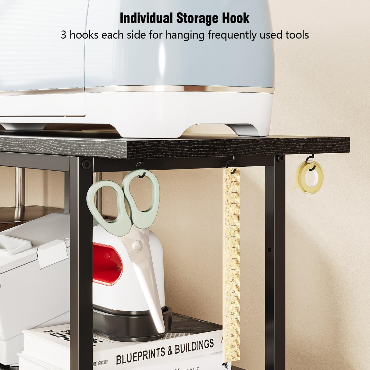 VENNQD Organizer and Storage Stand Compatible with Cricut Machines,Rolling Storage Cart/Shelf with 24 Vinyl Roll Holders,2 Fabric Drawer,Accessories Holder,Tool Hook for Craft Room Home (Black)