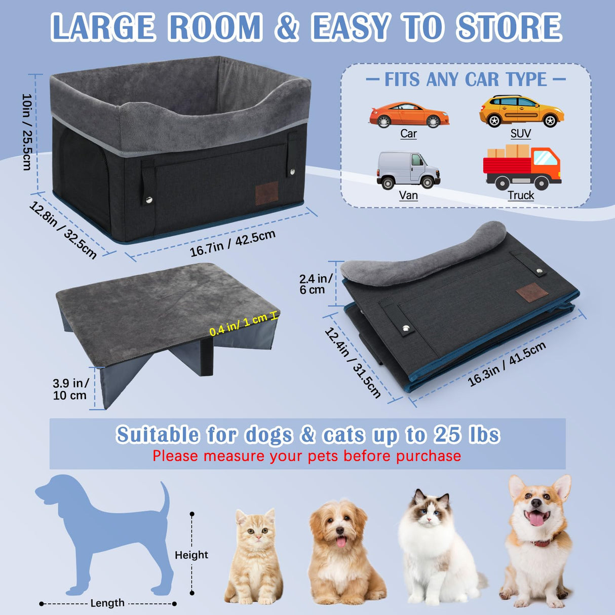 PetsHome Dog Car Seat for Small Dogs, Detachable Washable Dog Booster Car Seat with Storage Pocket, Breathable Mesh, Safety Leash, 2 Count Adjustable Straps for Small Pets Up to 25lbs-Black