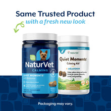 Load image into Gallery viewer, NaturVet Quiet Moments Calming Dog Supplement, Dog Soft Chews with Melatonin to Help Reduce Stress from Storms, The Vet, Fireworks, and Travel, Bacon and Chicken Flavored Pet Supplement, 70 Count Jar