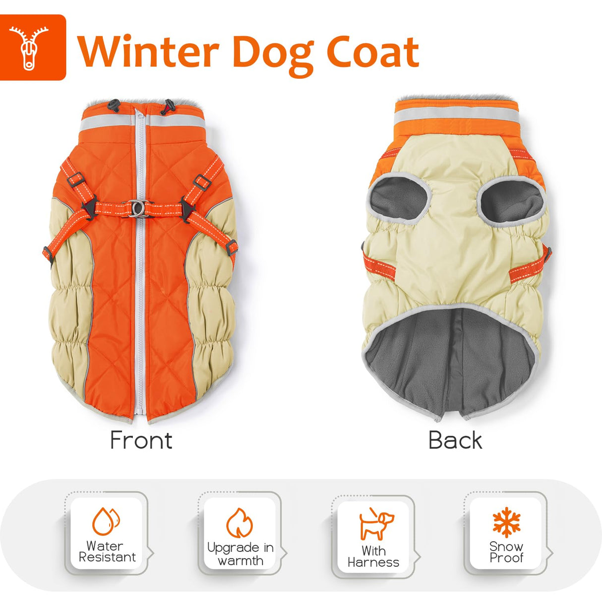 Abuandi Dog Winter Coat with Harness, Dog Jacket, Pet Clothes with Zipper on Back, Waterproof Windproof Warm Vest, Reflective Cold Weather Coats, for Small Medium Large Dogs, Thick, Orange, XS