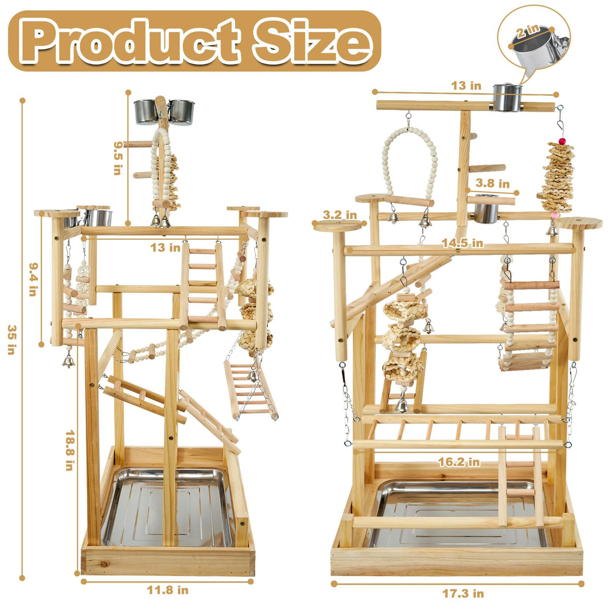 LIMIO Bird Playground - Natural Wood Parrot Playstand with Perches, Bird Play Gym & Accessories, Removable Tray & 4 Stainless Steel Cups