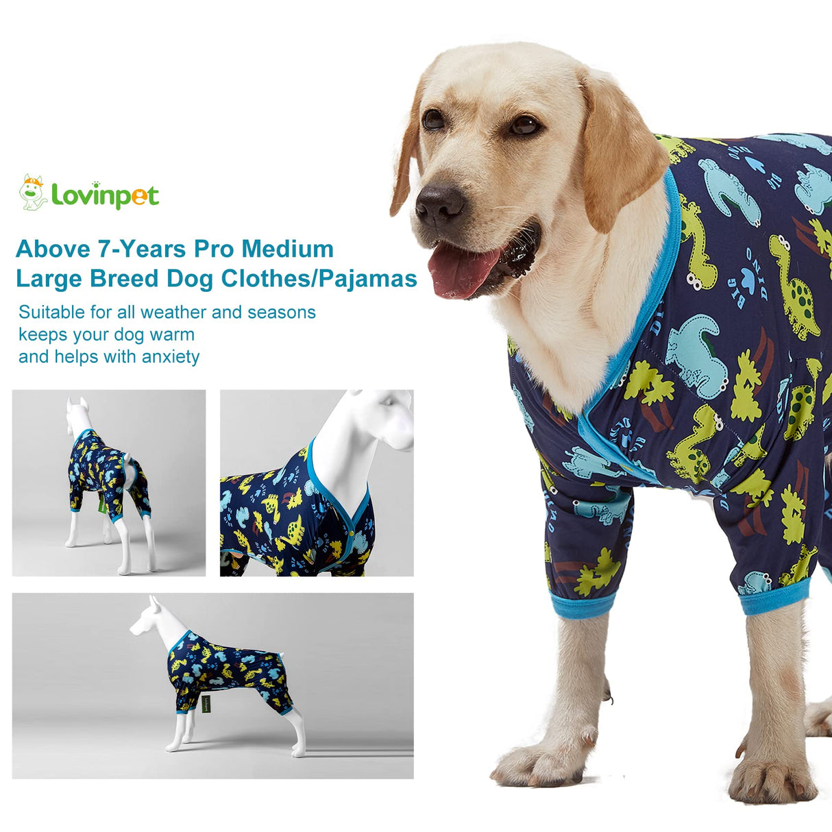 LovinPet Dog Clothing for Large Dogs: Dinosaur in The Jungle Print, Lightweight Stretchy Knit Pullover Puppy Pajamas, Big Dog Onesie. Large Breed Dog Jammies, Pet PJ's /3XL