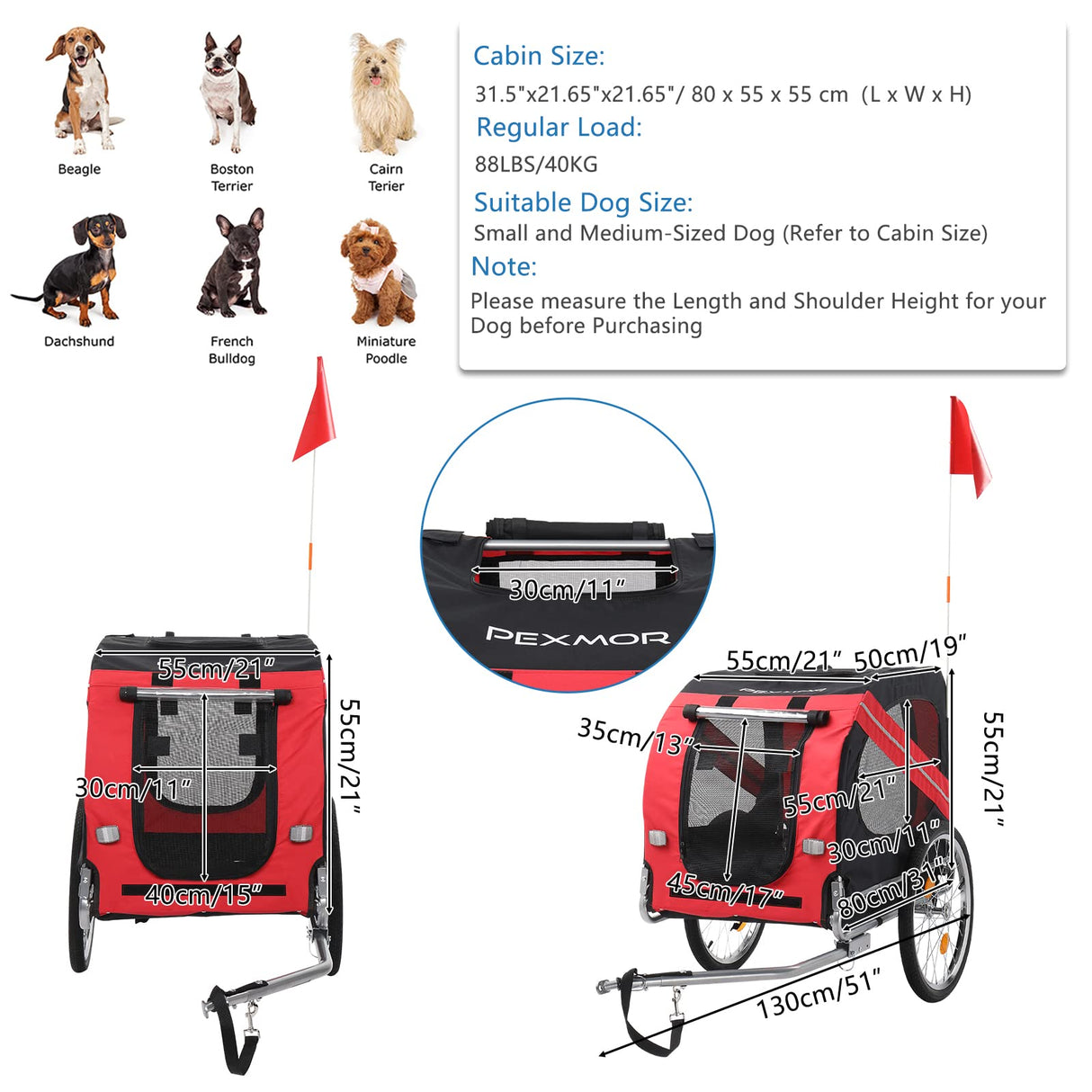 PEXMOR Dog Bike Trailer, Folding Bike Trailer for Dogs, Pet Trailer Cart for Bicycle, Bike Cargo Wagon Carrier Attachment w/Universal Hitch & 20" Quick Release Wheel Red