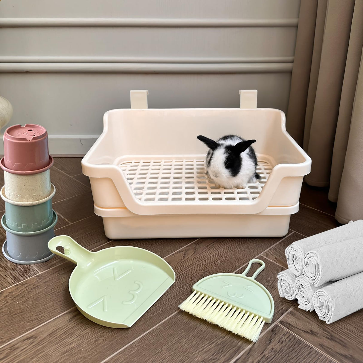 Yuoaes Large Rabbit Litter Box w/Plastic Grid & Dump Tray-Bunny Litter Pan Small Animal Potty Toilet - Pet Bunny Supplies Rabbit Cage Accessories for Training Corner Litter Box (Cream)
