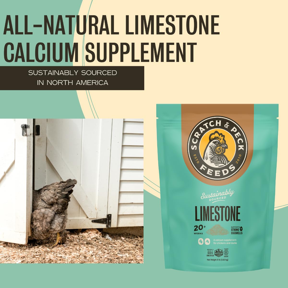 Scratch and Peck Limestone Supplement for Chickens and Ducks - High in Calcium, Made from Pure and Sustainably Sourced Limestone - 8 lbs Bag