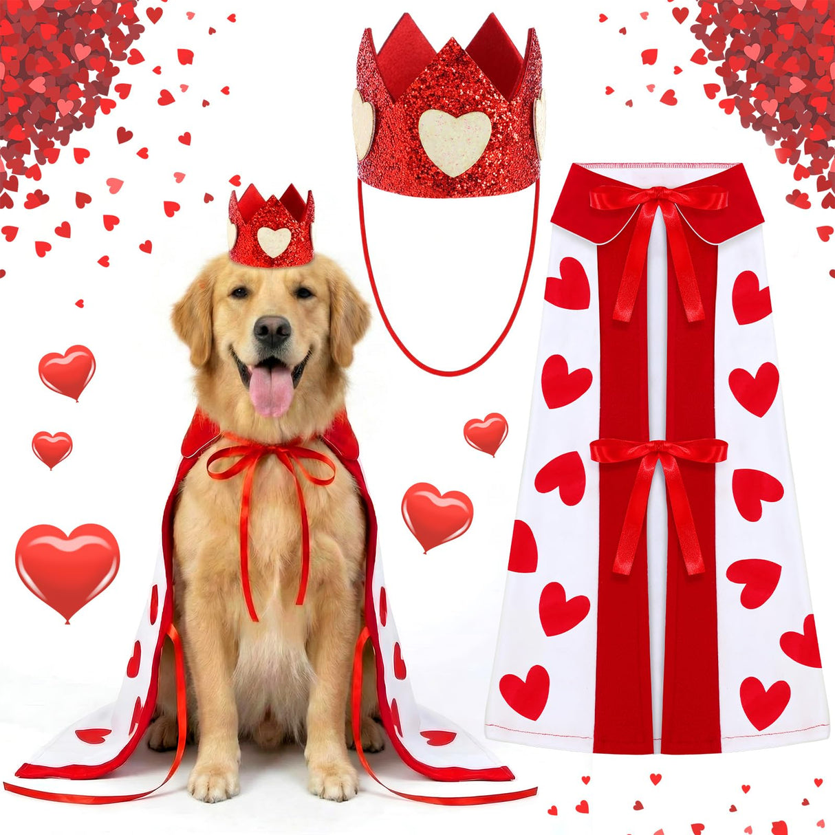 Hillban Valentine's Day Dog Costume Heart Crown and Cape Cover Set Dog Queen Valentines Outfit Heart Cape Hat for Small, Medium, Large Dogs and Pets(L)