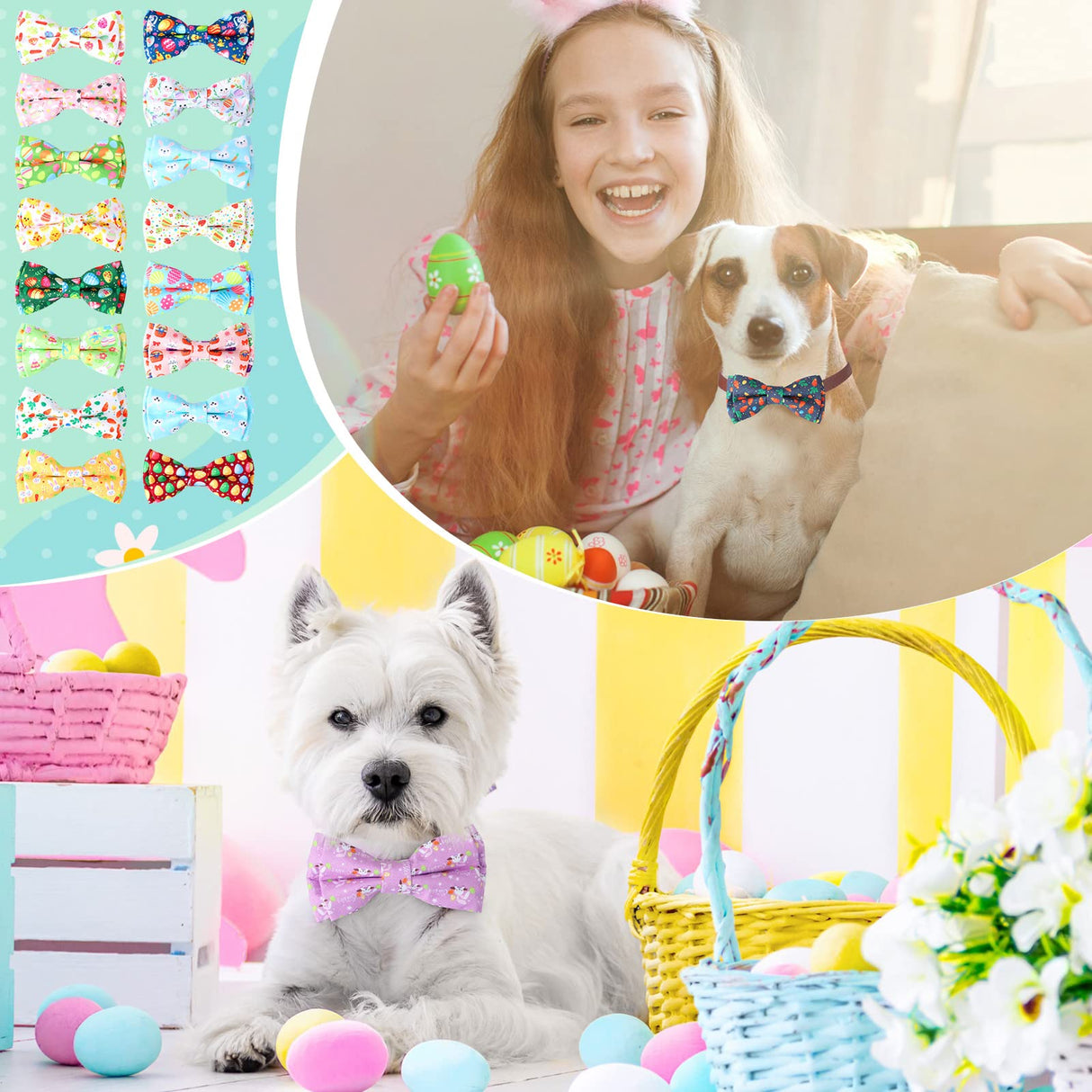 30 Pieces Easter Collar Dog Bow Ties Rabbit Bows for Dogs Ties Attachment with Elastic Bands Collar Detachable Charms for Grooming Accessories Easter Costume
